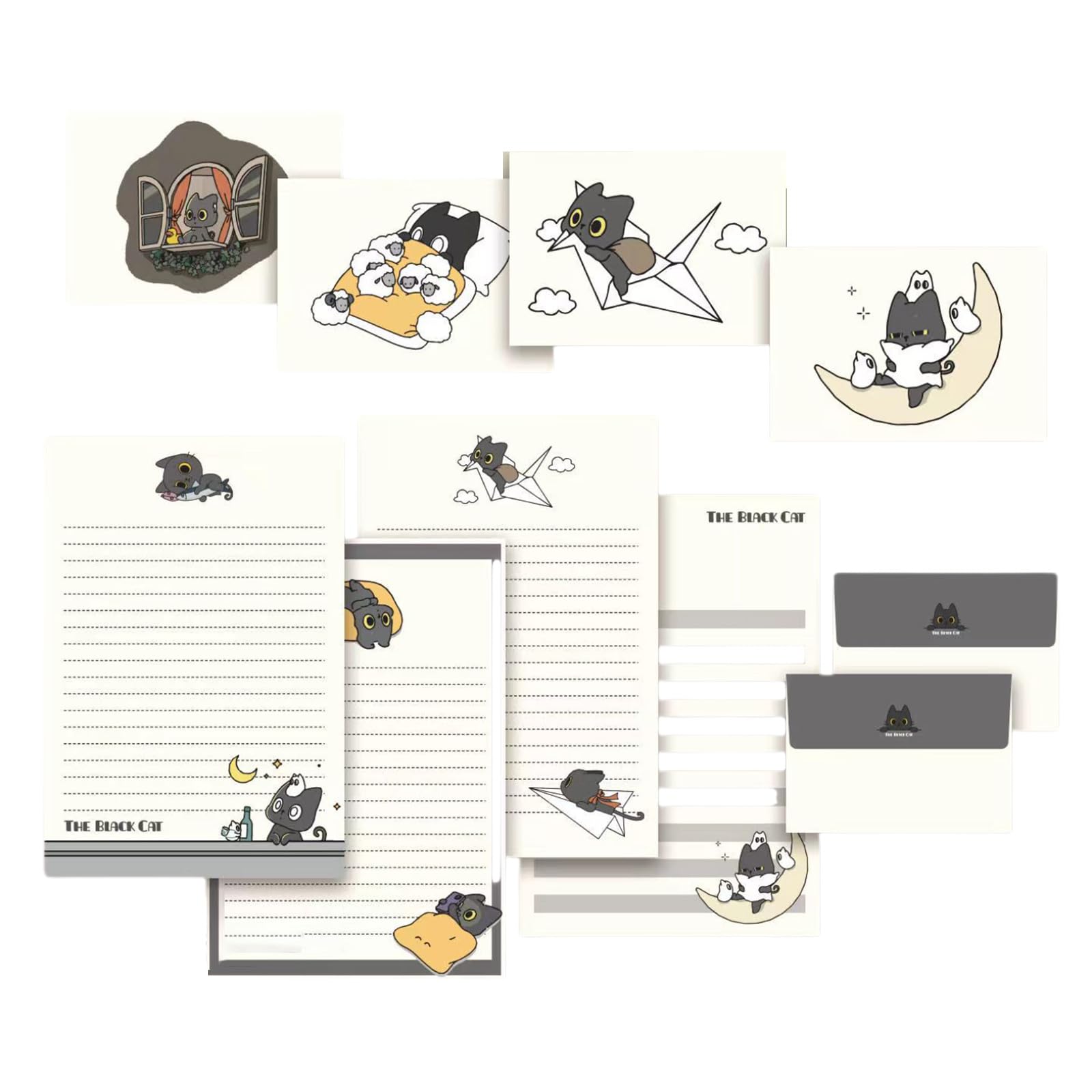 Montesy 1 Set Stationery Paper and Envelopes Set Little Black Cats Letter Writing Paper Stationary Paper for Letter Writing