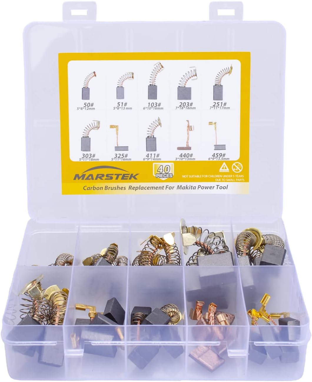 40 Pcs Electric Motor Carbon Brushes Set, 10 Assorted Sizes Carbon Brushes Replacement Kit for Angle Grinders, Electric Hammer Drills, Circular Saws