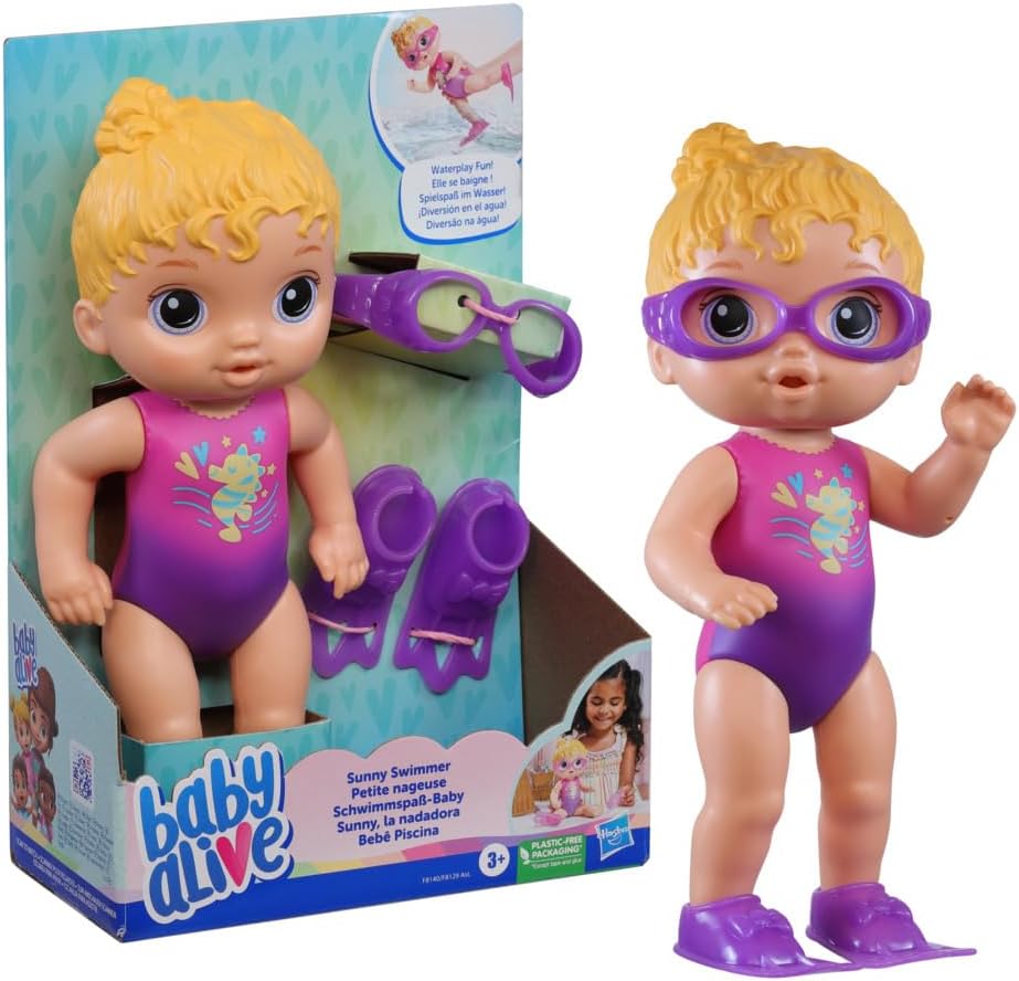Baby Alive Sunny Swimmer Doll, 10-Inch Water Baby Dolls for 3 Year Old Girls and Boys and Up, Baby Alive Doll, Blonde Hair,Nurturing Dolls, Pre-school