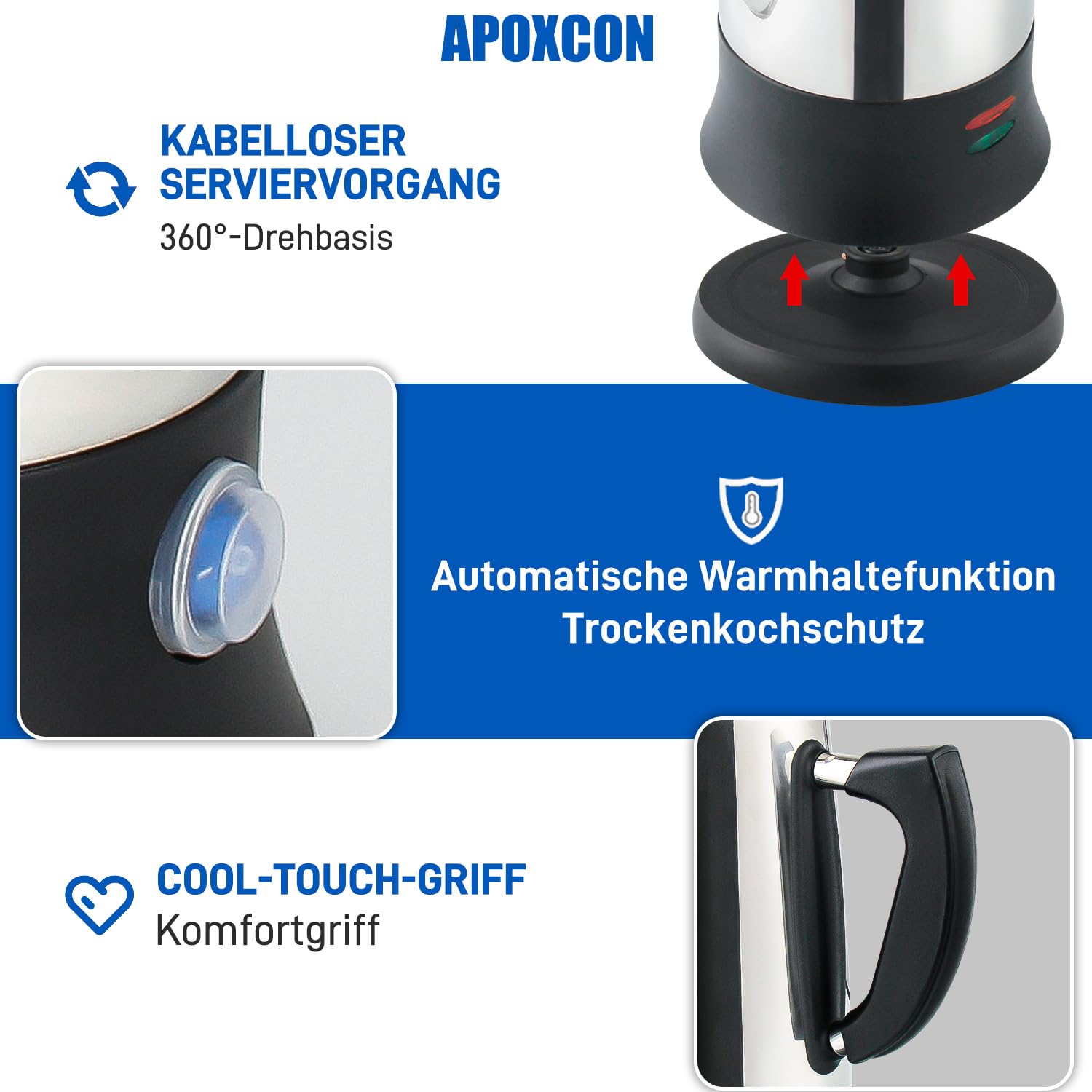 APOXCON Percolateur électrique 12 tasses – Certifié CE, classique avec système d'infusion rapide, bouton en verre résistant à la chaleur et fonction de service sans fil