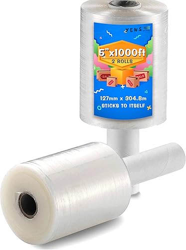 Yens Paquete de 2 rollos de 5 pulgadas y 1000 pies, calibre 80, total de 2000 pies, mini envoltura elástica de mano de fuerza industrial,