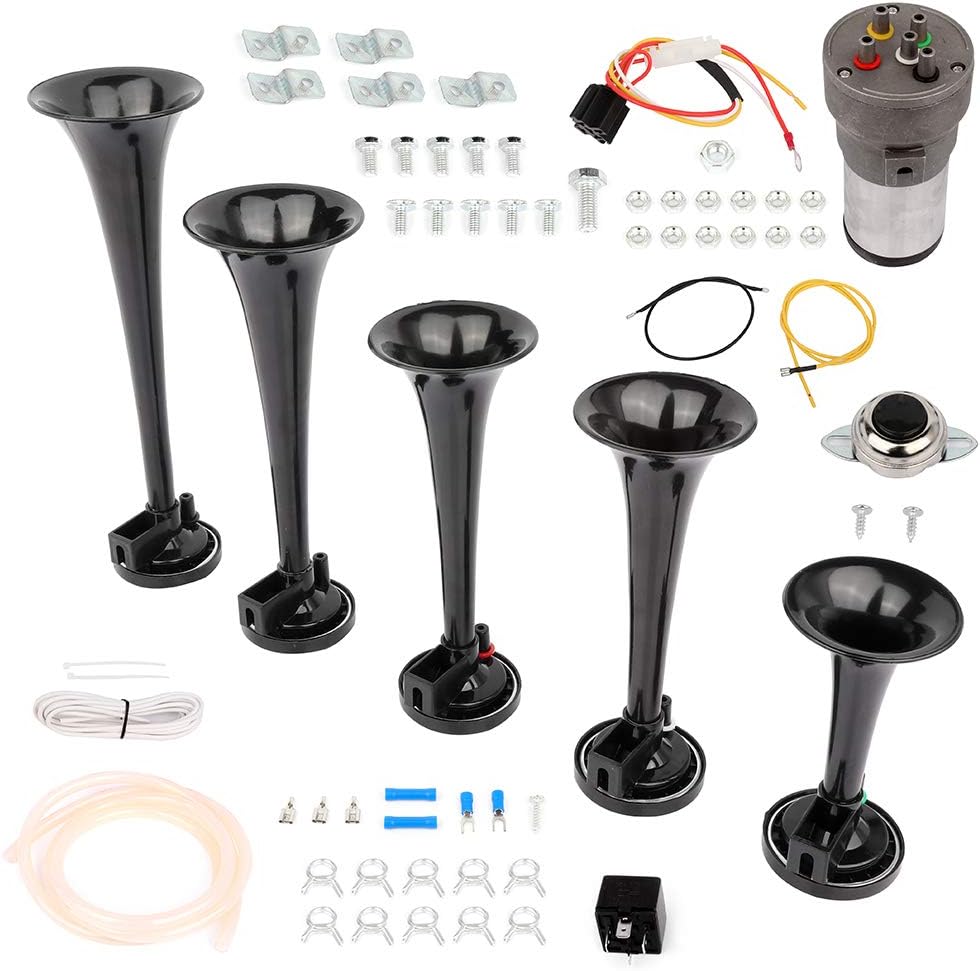 Ineedup Train Horn for Truck 12V 150dB 5 Trumpet Electric Musical Electric Train Car Horn with Compressor for Trucks Cars Vans Boats RVs SUVs Black