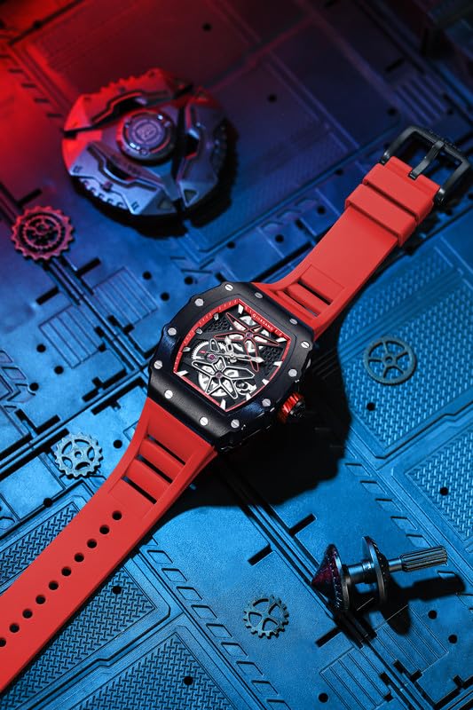 Image of Giordano Analog Skeleton Dial Watch for Men - Tonneau Case, Silicone Strap, Open-Gear Sport Design, Quartz Movement