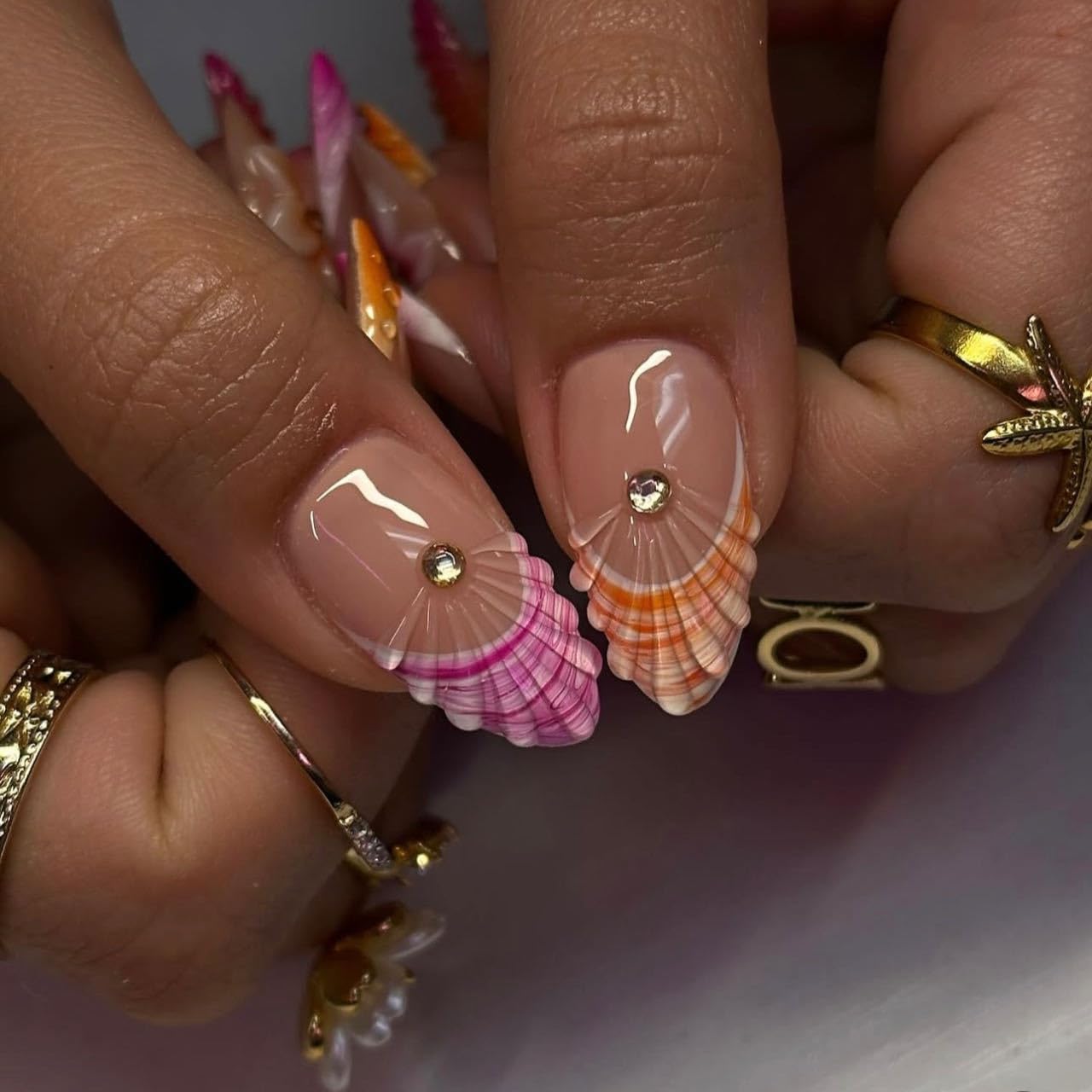 LPOODDNU Colorful French Tip Press on Nails - Medium Almond Fake Nails with 3D Flower Ocean Designs, Glossy Finished Reusable False Nails with Adhesive Glue Tabs - 24Pcs Nail Kit for Women Manicure