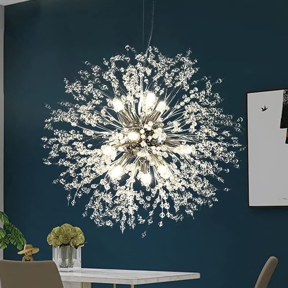 Lampadario di cristallo, dente di leone d'argento, lampadario a 9 luci con fuoco d'artificio per soggiorno, sala da pranzo, isola della cucina, lampadina G9 inclusa