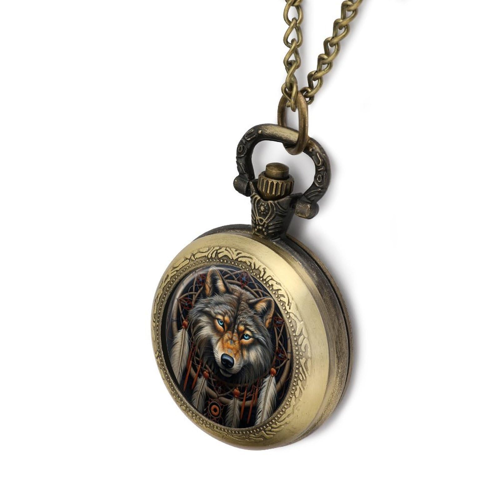 Native Indian Wolf Vintage Pocket Watch with Chain Numerals Scale Christmas Graduation Birthday Gifts Valentine's Day Coppery-Style