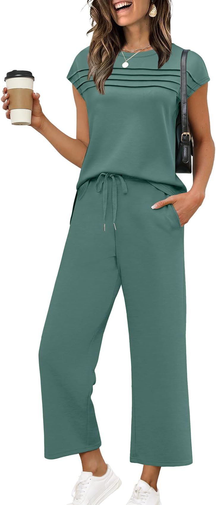 Lounge Sets for Women Summer Two Piece Beach Vacation Clothes Fashion Travel Airport Outfits on Plane Wide Leg Crop Pants Sets Matching Sets Women Clothing Teal M