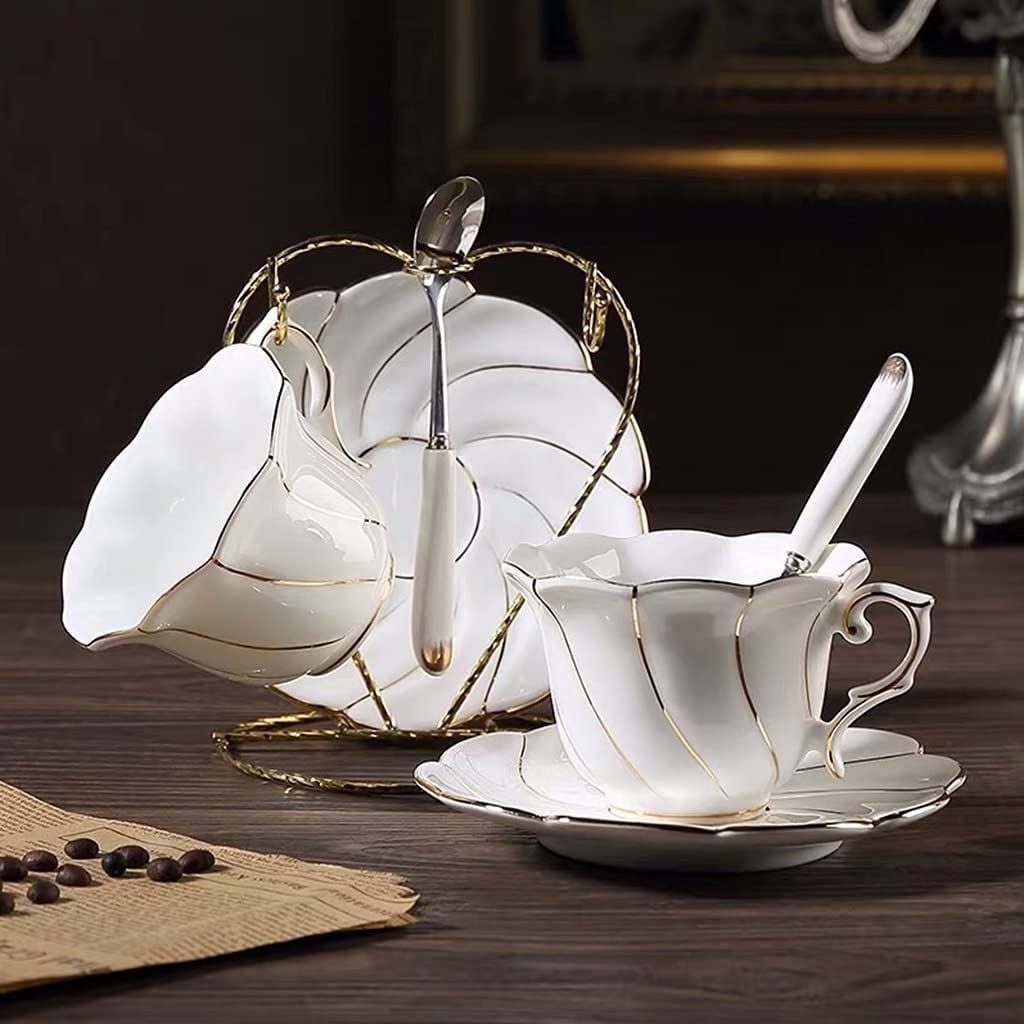 Zestaw filiżanek do espresso, kubki kawy, filiżanka herbaty w stylu pałacowym ze spodkami i metalowym stojakiem 8 Oz biała porcelana brytyjska