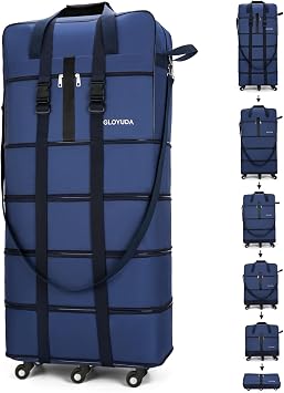 130L Expandable Luggage, 43 Inch Suitcase with Wheels, Collapsible Luggage with Wheels, Rolling Duffle Bag with Wheels, Foldable Suitcase with a Handle Wrap Shoe Bag Shoulder Strap Blue