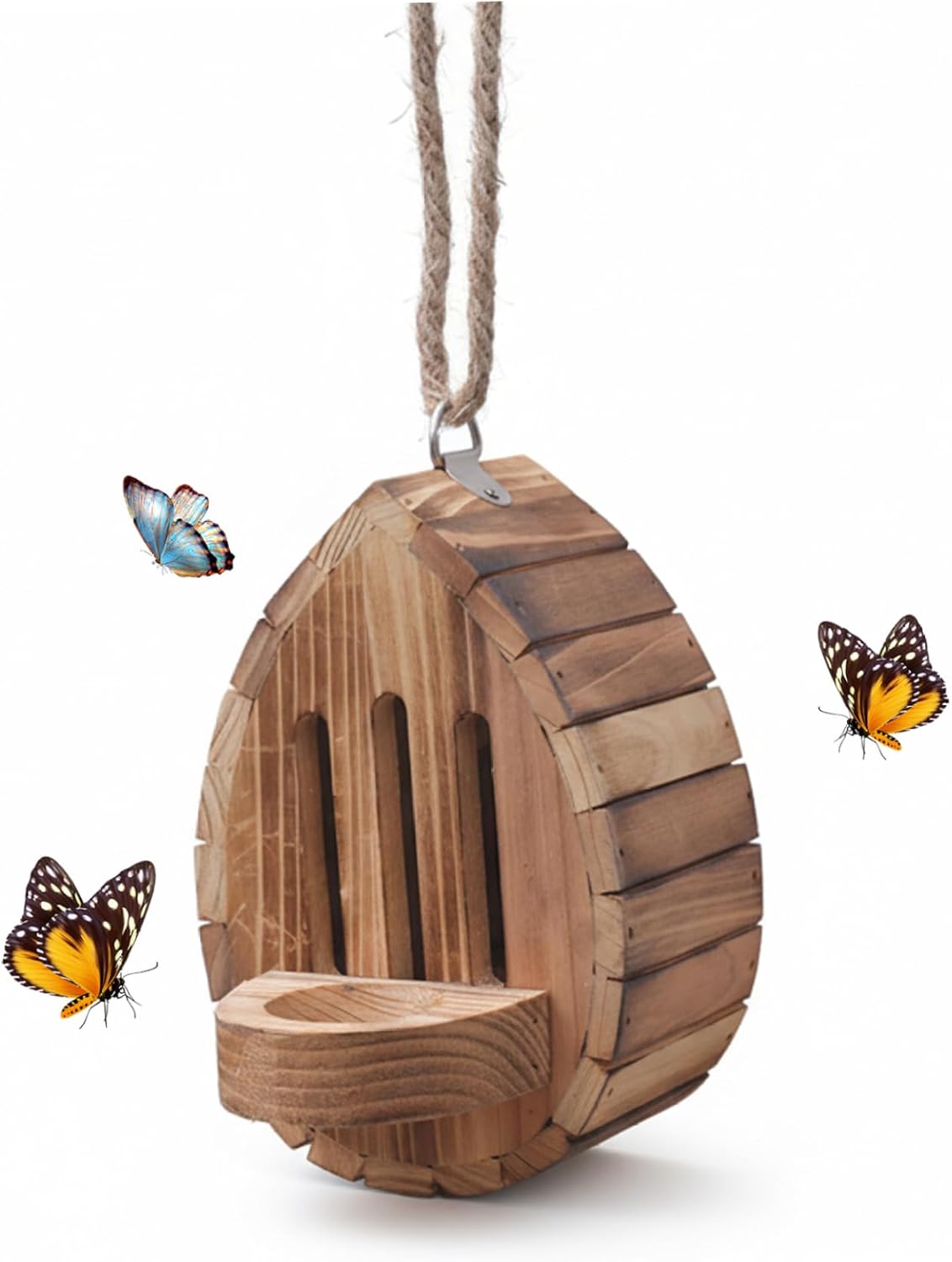 Butterfly House for Outside, Teardrop-Shaped Wooden Butterfly Habitat & Feeder with Rope for Garden Decor, Habitat