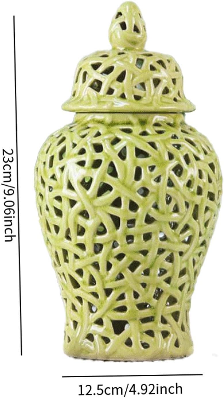 Fenteer Ceramic Ginger Jar Flower Vase Hollow Ornament Stoneware Weddings Desk Home Decor Bedroom Luxury Ginger Jar Storage Organizer, Green