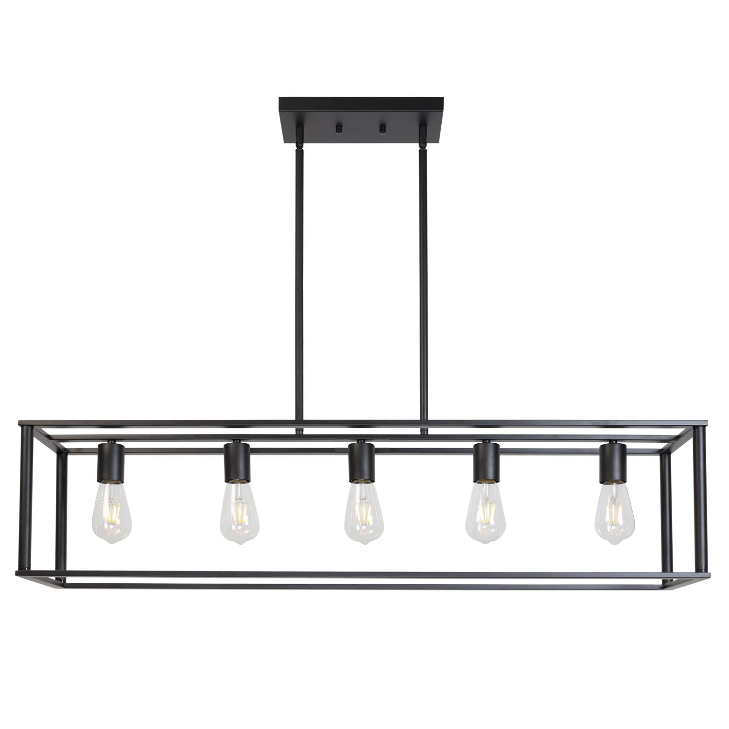 VINLUZ Farmhouse Chandeliers 5-Light Black Dining Room Lighting Linear Contemporary Metal Pendant Light Large Industrial Rustic Hanging Ceiling Light Fixtures for Kitchen Island Foyer Bar