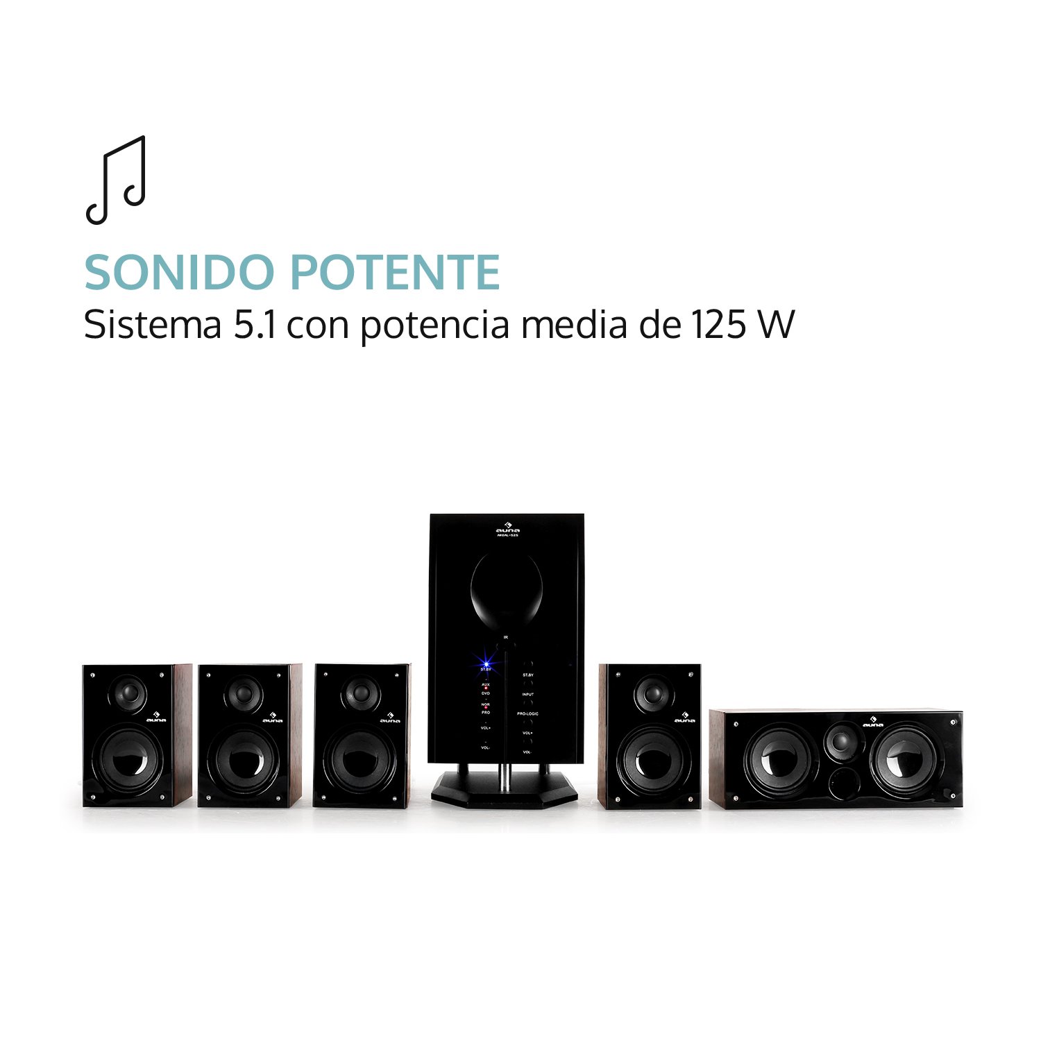auna Areal 525 - Home Cinema 5.1 inalambrico, Sistema de Sonido Envolvente 5.1, 125 W RMS, Subwoofer Activo Mono 5,25", Bass Reflex, 5 Altavoces satélite, AUX, Apagado automático, Marrón