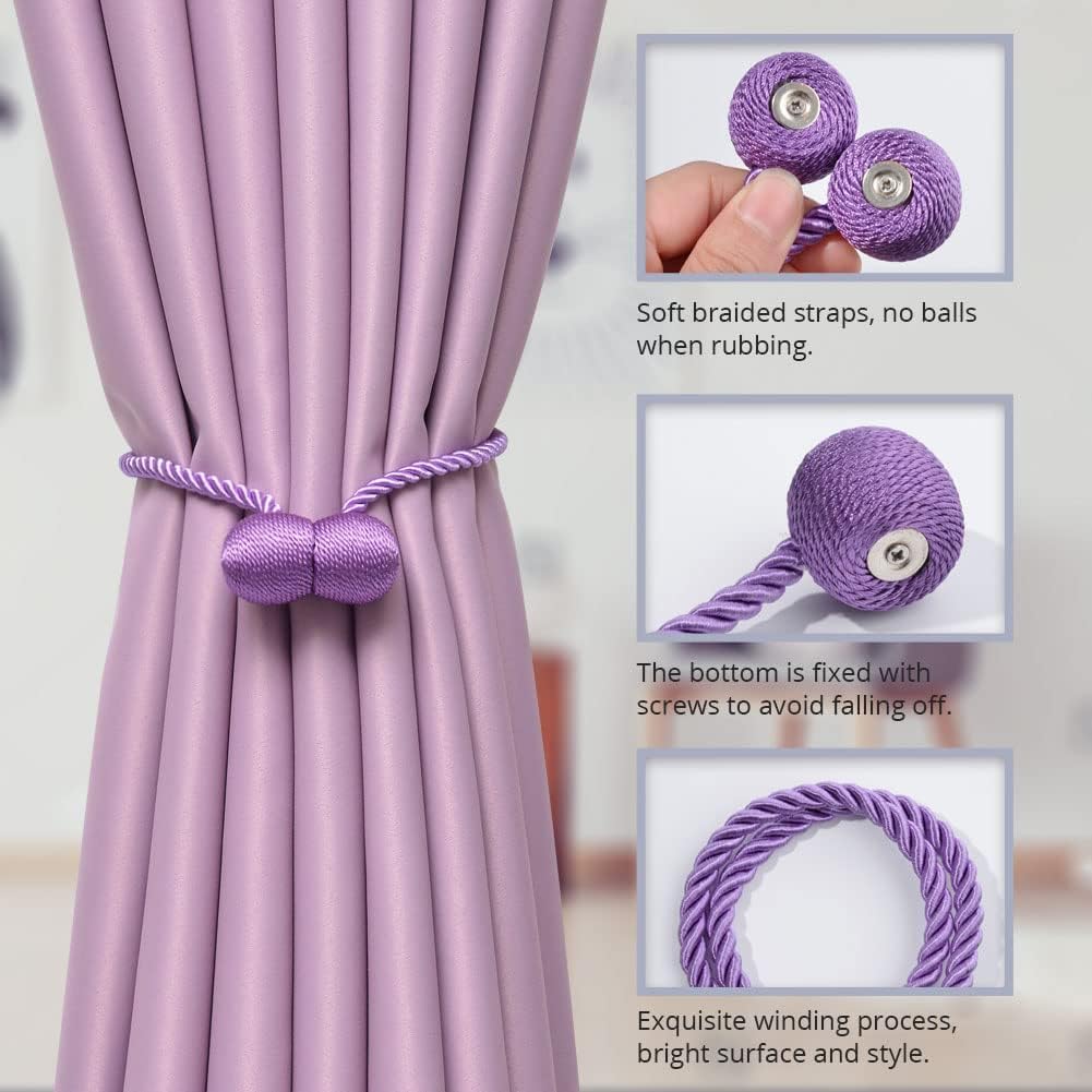 NICEEC 4 Pack Upgrade Magnetic Curtain Tiebacks 16 Inch Handmade Weave Rope Curtain Holdbacks Convenient Decorative Round Curtain Drape Tie Backs for Home & Office Window Drapery (Blue Violet)