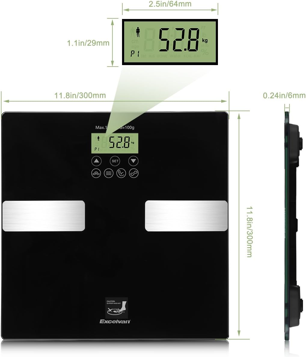 Diagram showing the dimensions of the Excelvan Body Analysis Scale and its display.
