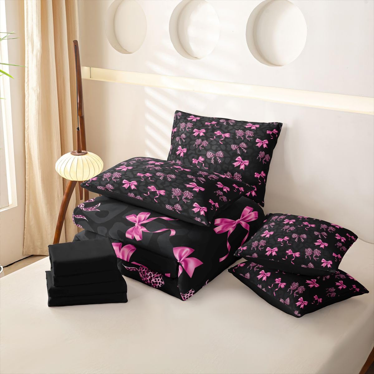 Loussiesd Set di biancheria da letto per bambine con motivo a fiocco, per letto singolo, 7 pezzi, con stampa leopardata rosa, per bambini, ragazzi e ragazze, con copripiumino, lenzuola, federe, federe