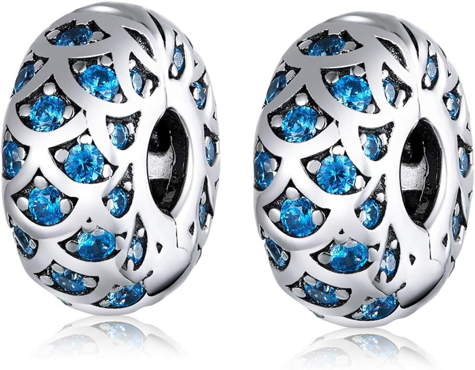 MEETCCYMEETCCY 2pc Clip Spacer Charm Bracelets for Woen 925 Sterling Silver Blue White Crystal Charm Clip Lock Spacer Stopper Charm Bead for Bracelet (B), crystal, Cubic Zirconia