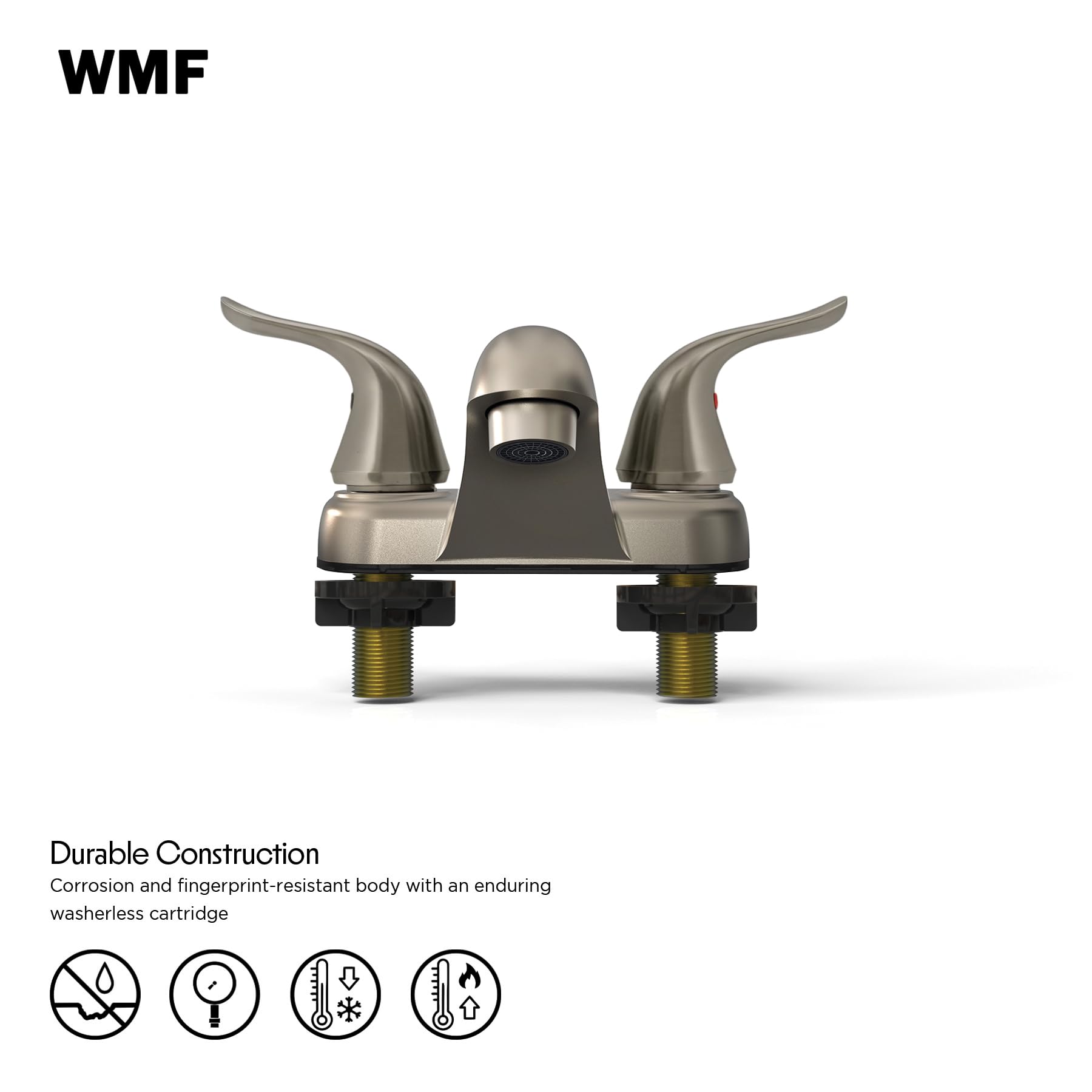 WMF-4224EULP-BN Mobile Home RV Lavatory Bathroom Faucet Double Lever Handle Washerless Cartridge Less Pop Up Drain Brushed Nickel — view 5