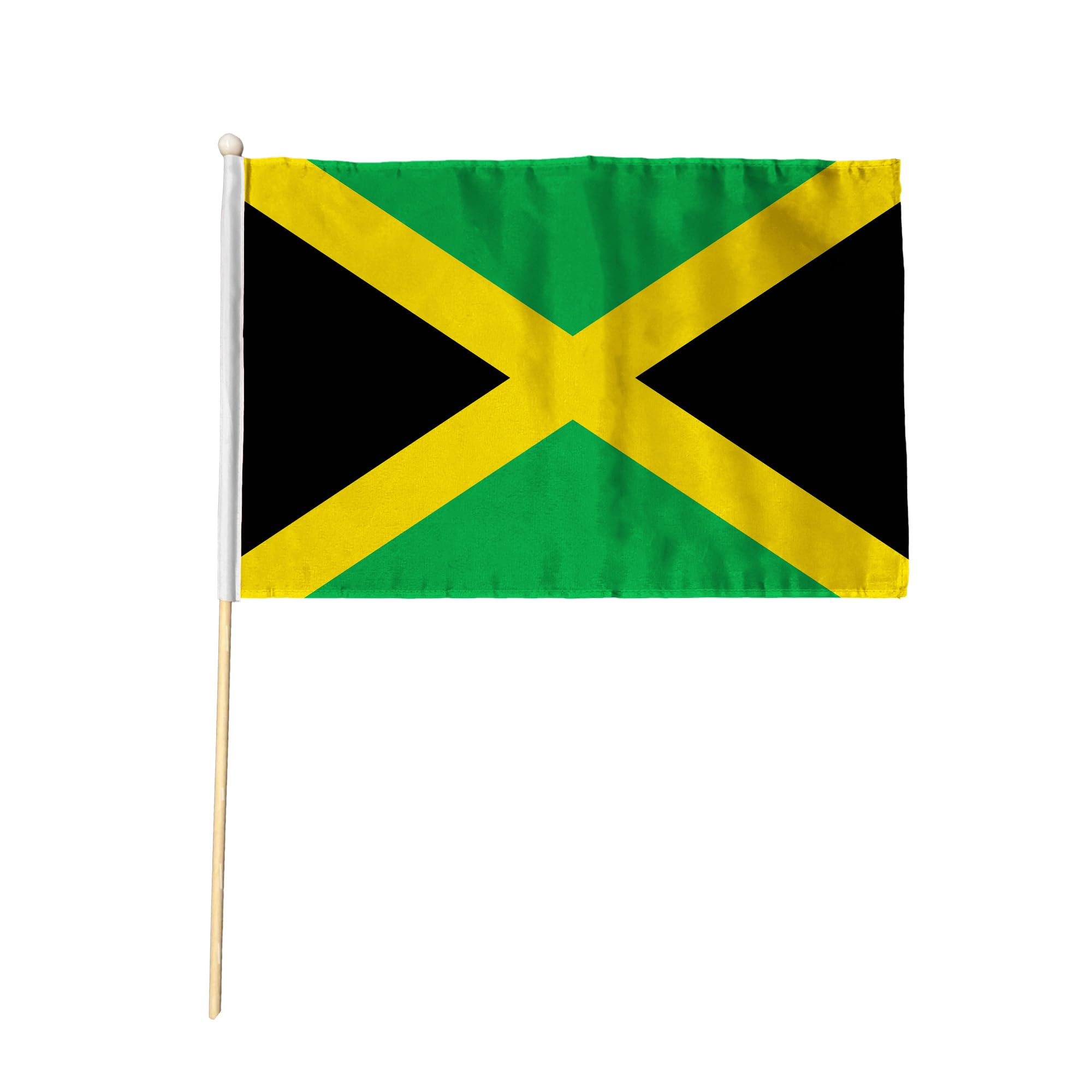 Flagtex Jamaica Pack of 2 Hand Waving Flag (18x12 Inch Large) - Premium Wooden Stick Hand Flag Big Size Natural Wood Pole Caribbean Black Green Gold Saltire Flag Events Parades โ image 1