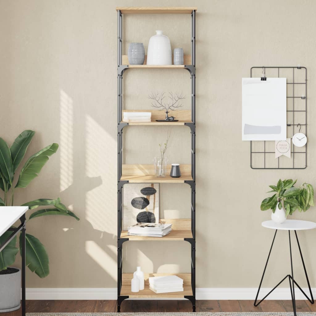 Estantería de madera de roble Sonoma, 50 x 33 x 188,5 cm, madera y acero, estilo industrial con 5 compartimentos, fijada a la pared para salón, oficina y pasillo
