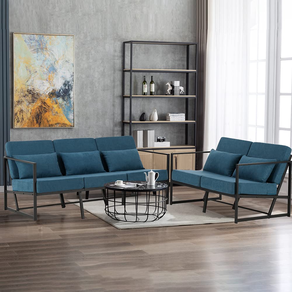 Mingone Sessel Gepolsterter Cocktailsessel Relax Polstersessel Stuhl Lehnstuhl Blau aus Leinen Loungesessel mit Handläufen Eisengestell für Wohnzimmer, 1