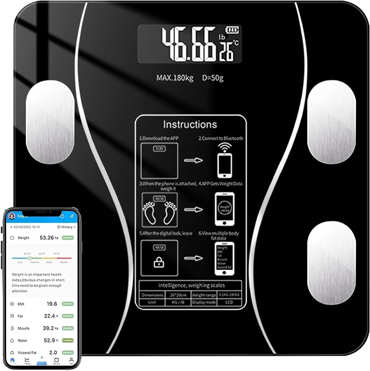 Body Fat Scale Bluetooth, Digital Bathroom Scale for Body Weight, Smart BMI Weight Scale with Smartphone App Sync, Body Composition Analyzer, LED Display, 180kg