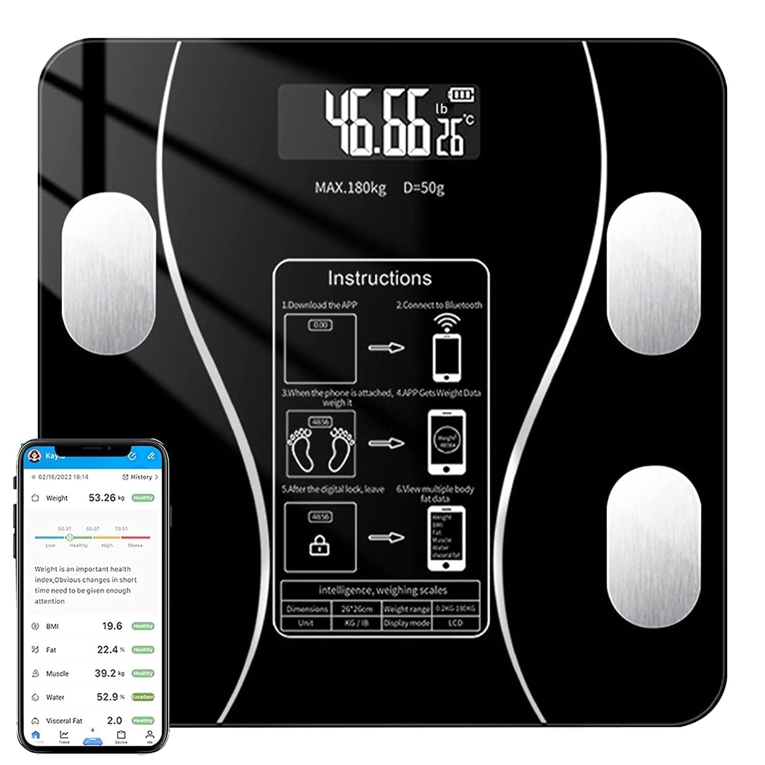 body fat scale bluetooth, digital bathroom scale for body weight, smart bmi weight scale with smartphone app sync, body composition analyzer, led display, 180kg