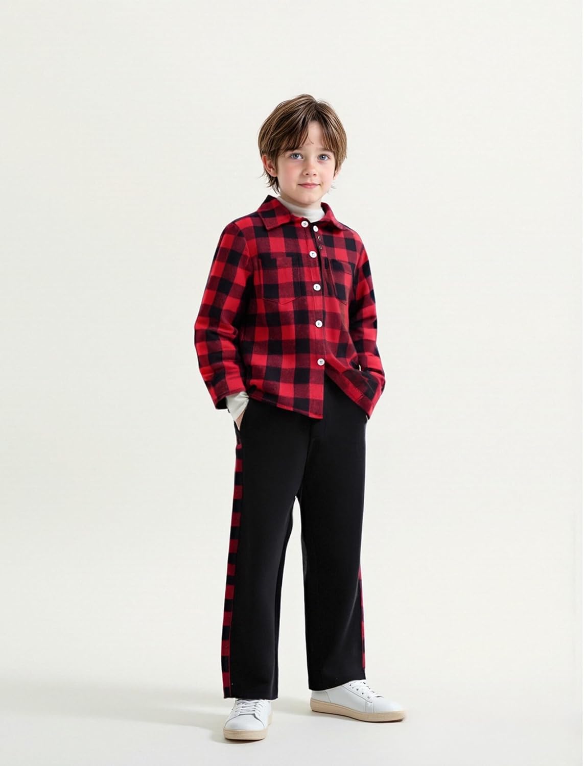 Boys Clothes 3Pcs Long Sleeve Flannel Plaid Shirt Tops Pants Sets Fall Winter Boys' Clothing Sets, Red, 11-12 Years - Image 9