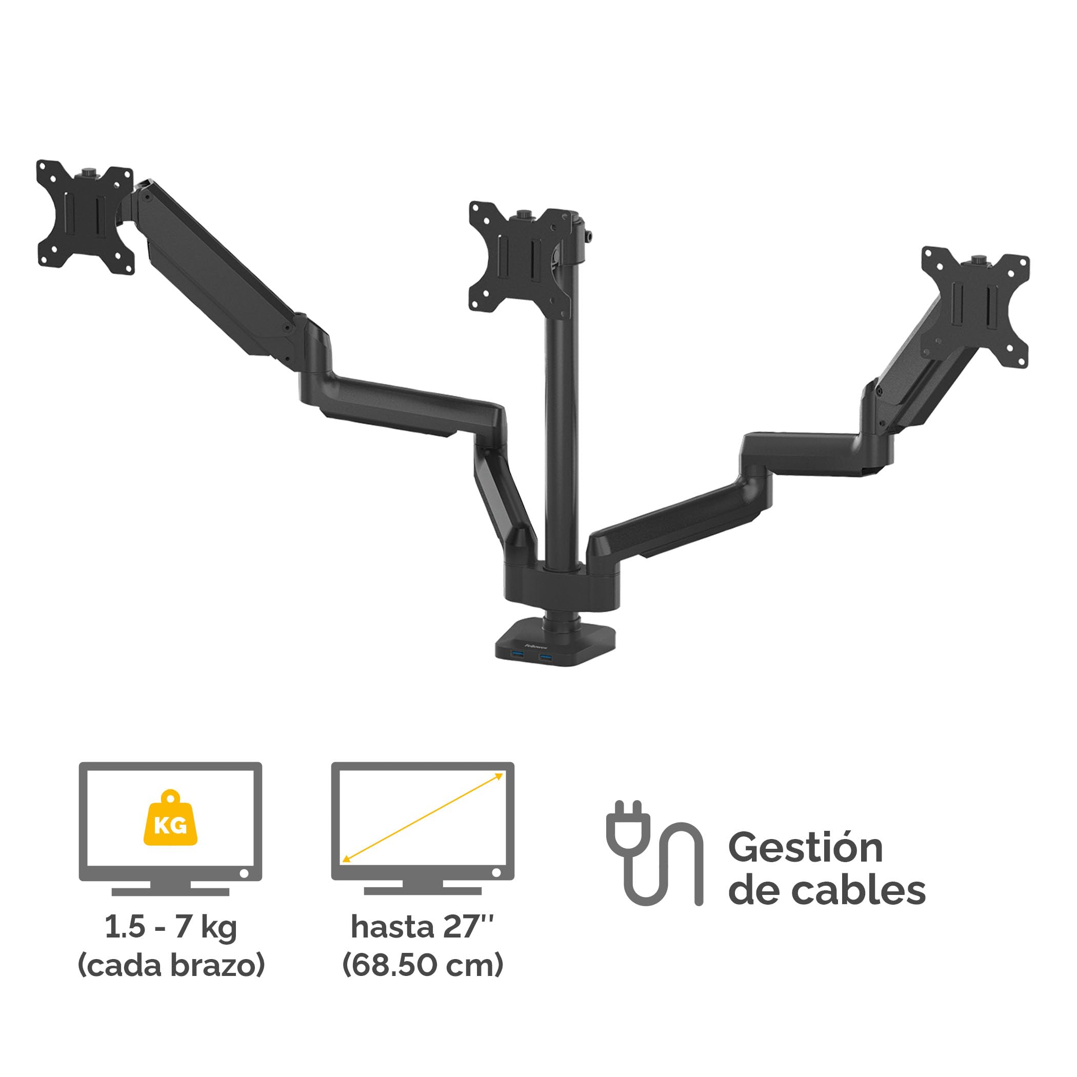 Fellowes Brazo para Monitor Triple Platinum Series - Soporte para monitor ajustable, con funciones de inclinación, giro y rotación y con 2 puertos USB - Tamaño máximo del monitor 27", Negro