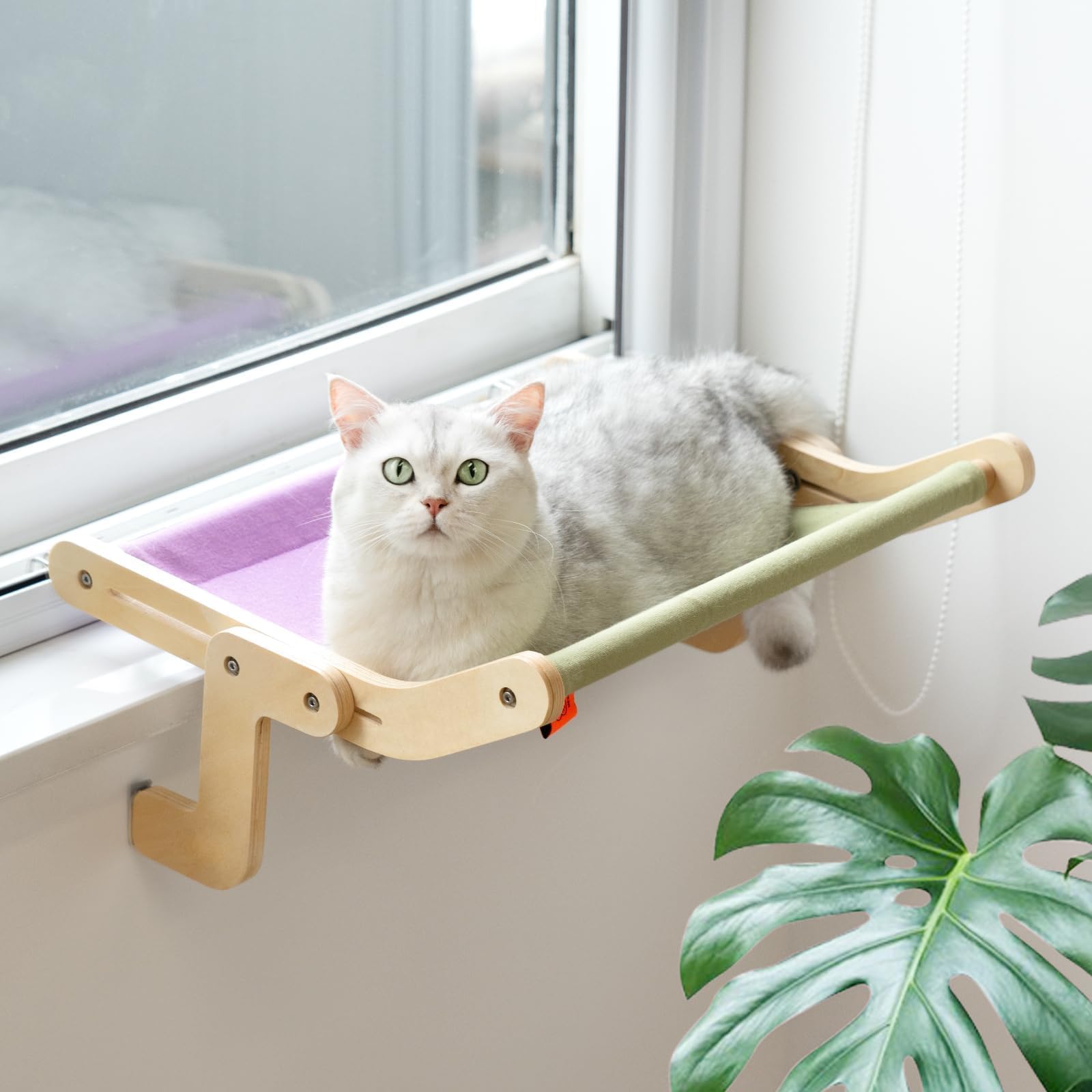 MEWOOFUN Cat Window Perch Lounge Mount Hammock Window Seat Bed Shelves for Indoor Cats No Drilling No Suction Cup (Purple/Green)