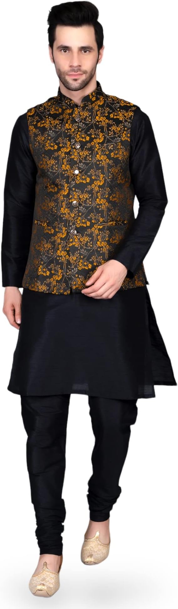 Ethluxis Men's Silk Blend Embroidered Kurta with White Churidar Set