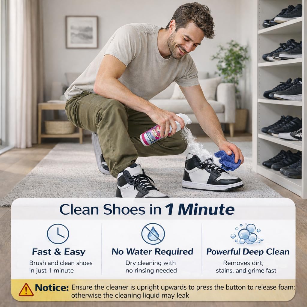 Shoe Cleaner Kit, 150ml Water-Free White Shoes Deep Stain Removal Foam with 360° Rotating Brush – Safe Formula Antioxidant Prevent Yellowing Effect for Sneaker, Trainer, Canvas, Boots, Running Shoes