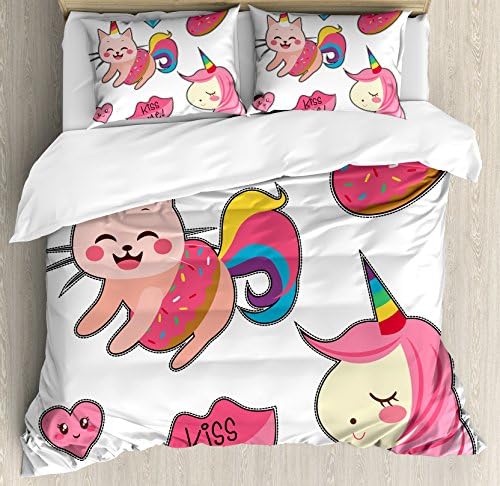 Ambesonne Unicorn Cat Duvet Cover Set, Girls Characters Mythological Mascots, Decorative 3 Piece Bedding Set with 2 Pillow Shams, King Size, Pink