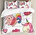 Ambesonne Unicorn Cat Duvet Cover Set Queen Size, Girls Characters Mythological Mascots, Decorative 3 Piece Bedding Set with 2 Pillow Shams, Pink