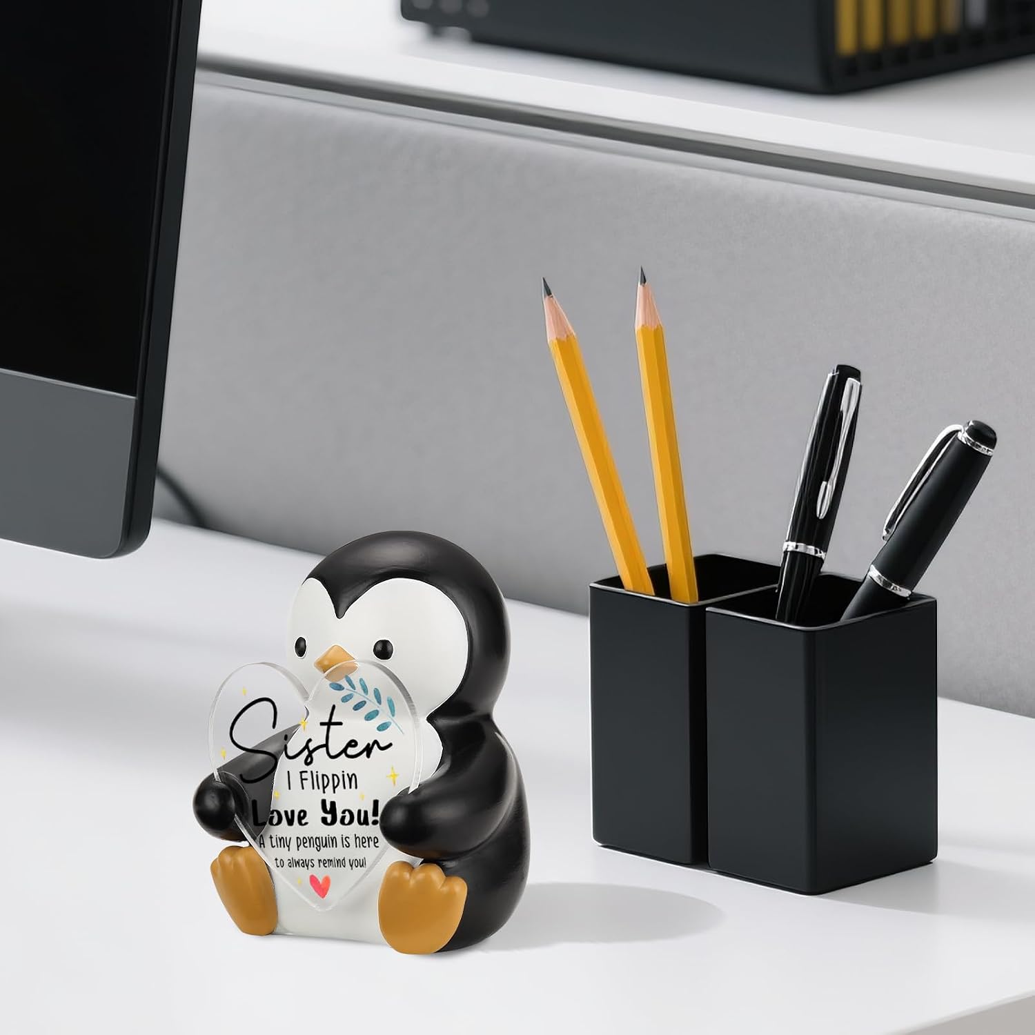 Sister Penguin Figurine with Heart Acrylic Plaque, I Flippin Love You Inspirational Desk Sign, Cute Penguin Gift for Sister, Sentimental Birthday Christmas Keepsake, Office Home Decor PF016 image 3