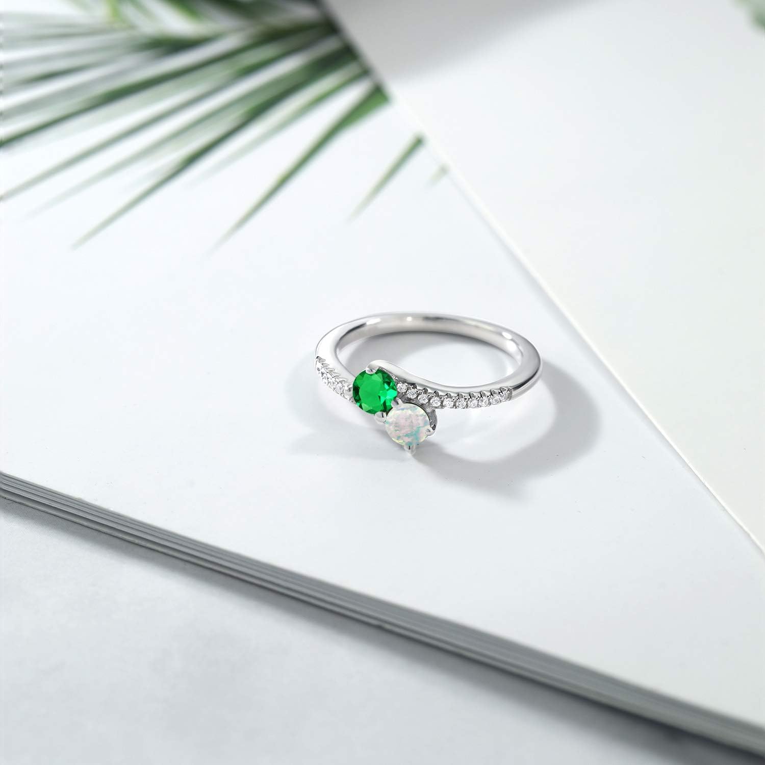 Gem Stone King Two-Stone Bypass Ring for Women in 925 Sterling Silver | 4MM Round Gemstone Birthstone and Nano Emerald | Crossover Anniversary Engagement Wedding Promise Ring | Sizes 5, 6, 7, 8, 9
