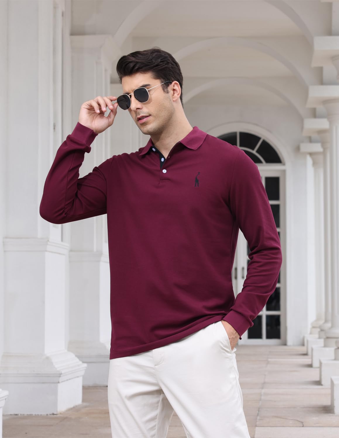 KUNJLELP 100% Cotone Polo da Uomo Manica Lunga Ricamo di Giraffa Maglietta Uniformi Polo da Lavoro per l'autunno e l'inverno