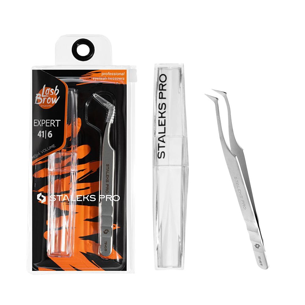 STALEKS PRO Professional False Eyelash Tweezers, Curved Eyelash Extension, Mega Volume, Stainless Steel, Expert 41/6