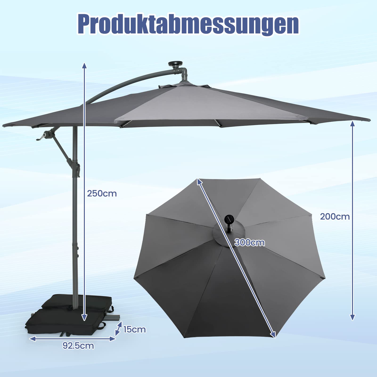 RELAX4LIFE Ampelschirm 300 cm mit 40 LED-Solar-Beleuchtung, Sonnenschirm Neigbar mit Kurbel, Kurbelschirm mit Ständer Sandsäcke(2 x Beutel befüllbar), Gartenschirm UV-Schutz (Dunkelgrau)