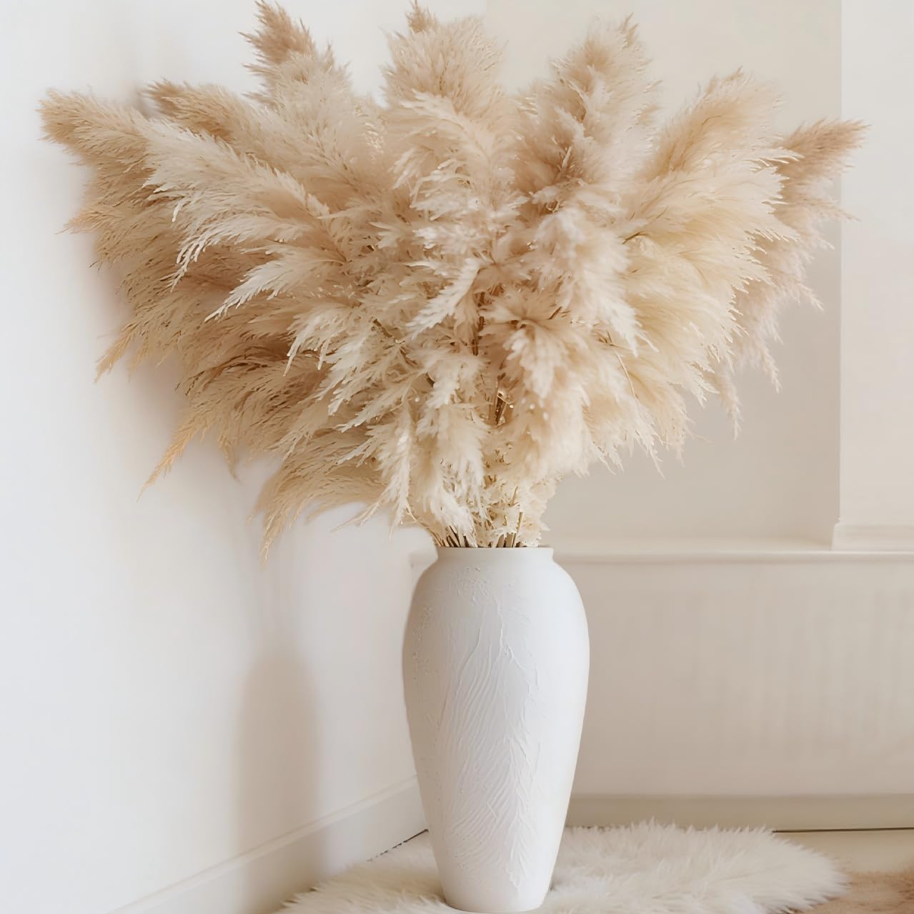 40 inch 10PCS Dried Natural Beige Pampas Grass with 12.6" White Vintage Textured Vase for Floor Decor, Wedding, Farmhouse, Boho Home Centerpiece