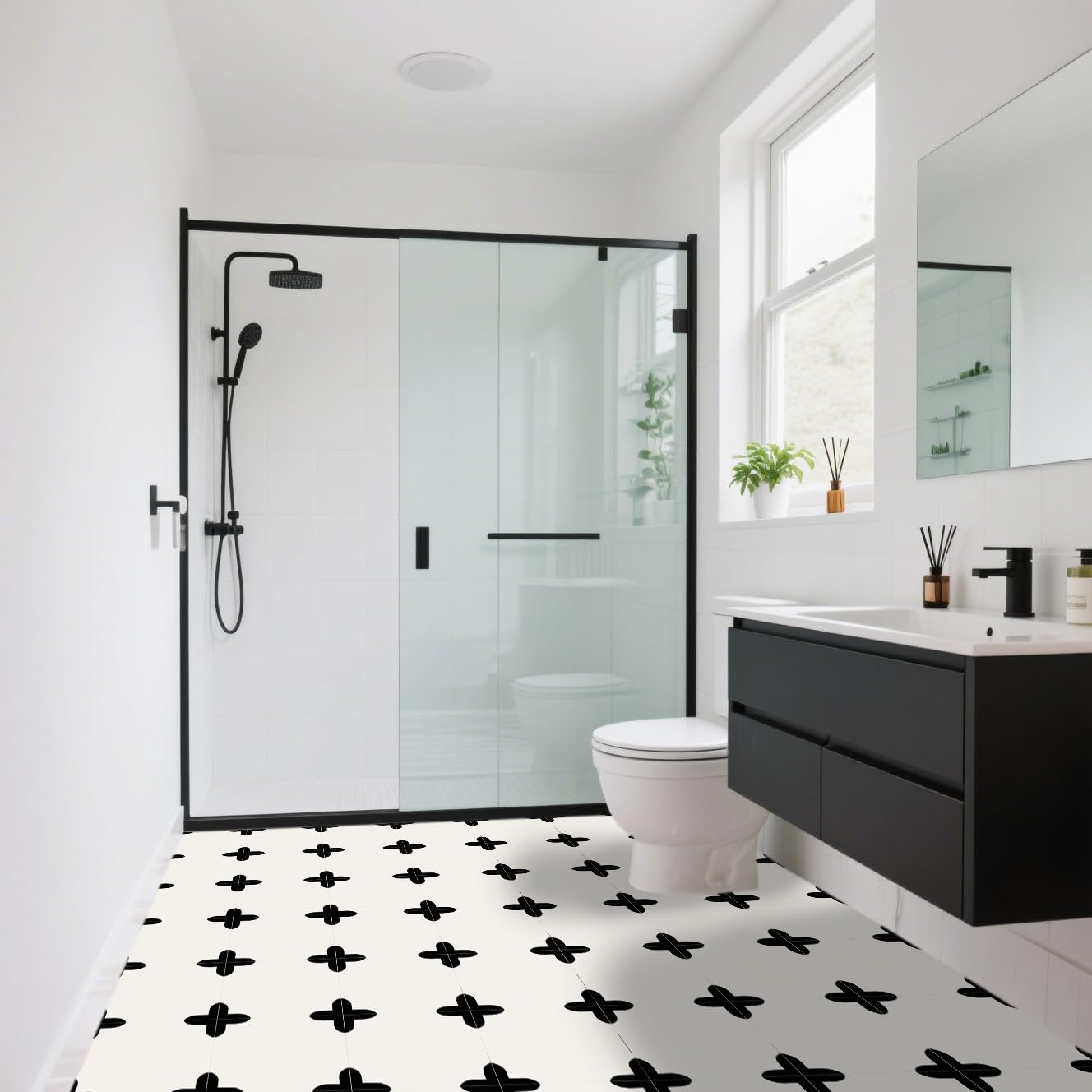 Alwayspon Peel and Stick Floor Tiles, Waterproof Removable Non-Slip Vinyl Plank Flooring Tile for Bathroom Kitchen Bedroom, Renter Friendly Floor Decor DIY, 12x12inch, French Cream White Black