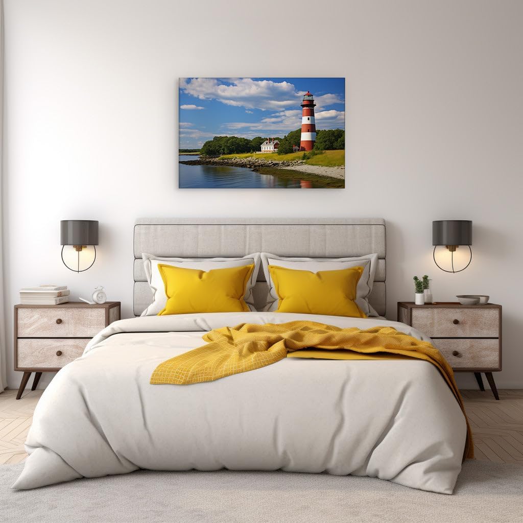 Canvas for Living Room. Lighthouse Elegance: Red and White Stripes Against a Pastoral Shoreline Escape, 27 x 18 inch Canvas Wall Art - Modern Home Decor