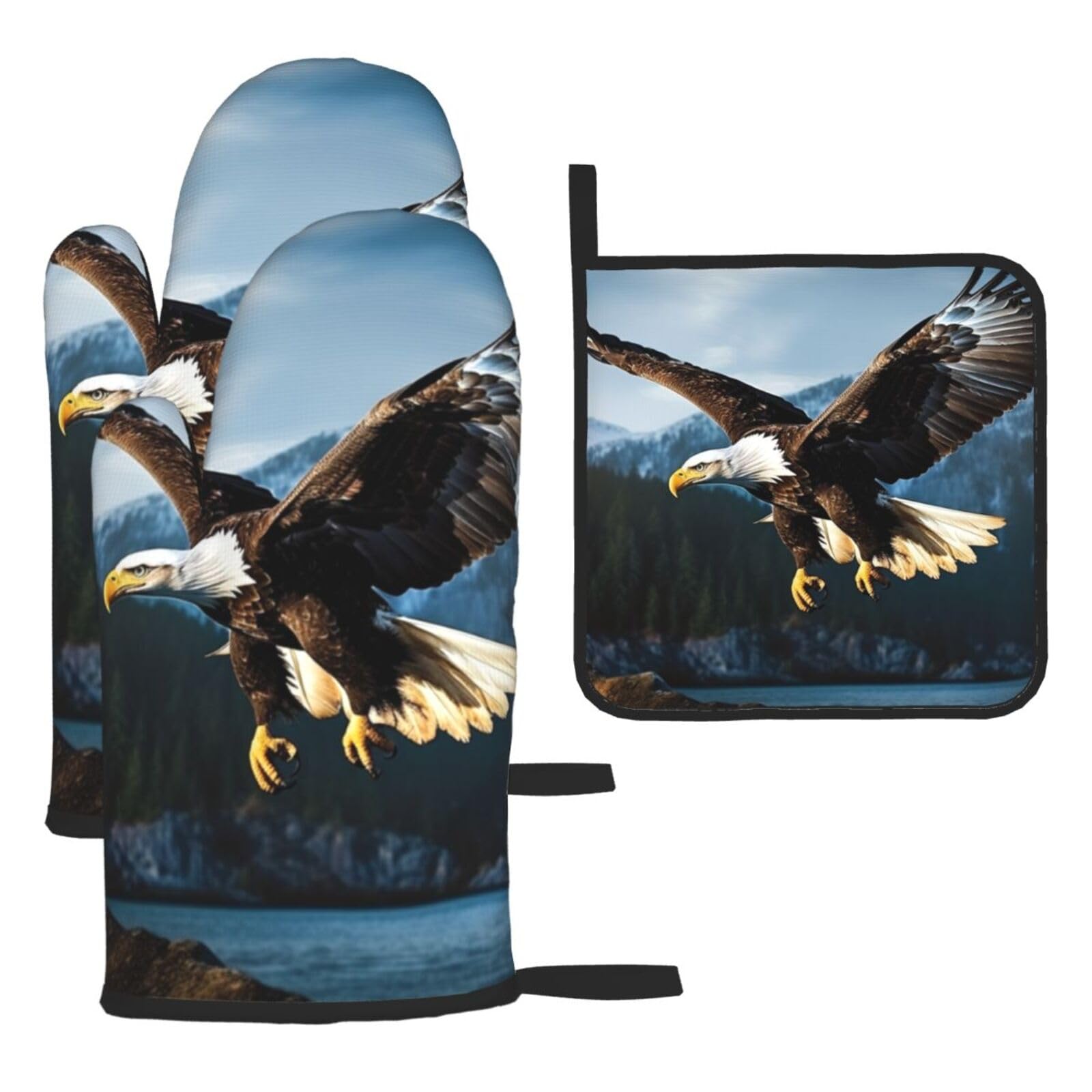 Oven Mitts and Pot Holders Sets of 3 Eagle at Hunting Oven Mitts 3 Pcs Heat Resistant Non Slip Ovens Gloves Hot Pads Kitchen Gloves Potholders for Baking Cooking BBQ Grilling