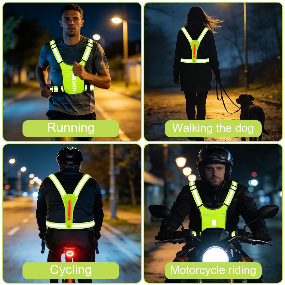 Warnweste Sicherheitsweste, High-Vis reflektierende Warnweste, LEDs Tag und Nacht, 360° Sichtbarkeit mit Fronttasche, Erwachsene & Jugendliche, Einstellbar, für Fahrrad Auto Laufweste Joggen