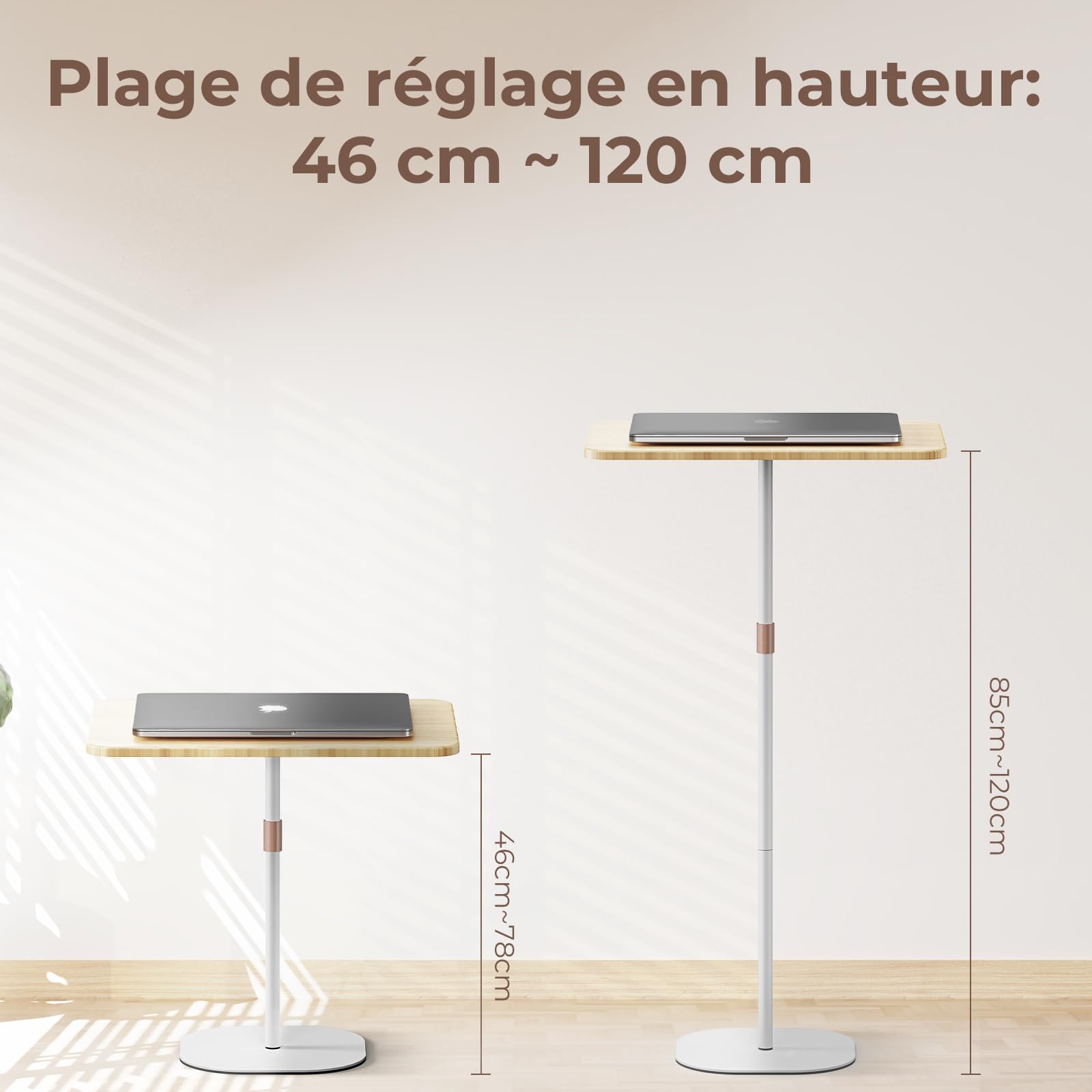 Bureau Debout pour Ordinateur Portable avec Hauteur Réglable 46-120cm, Table d'appoint pour Le Travail d'étude pour Bureau/Lit/Canapé, Blanc
