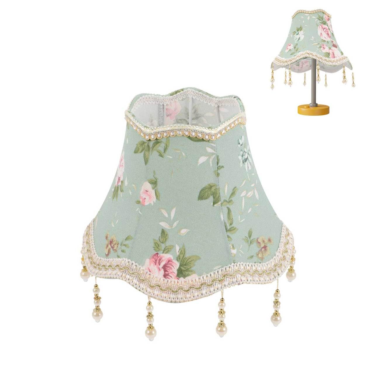 Angoily Jacquard Fabric Vintage Lamp Shade - 25cm European Style Scalloped Light Cover with Beaded Tassels - Decorative Green Macrame Replacement Shade for Desk Floor Table Lamps and Ceiling Lights