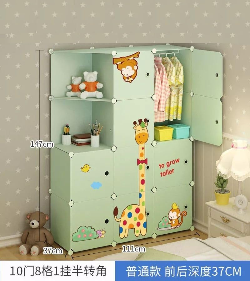 Image of Kids Plastic Collapsible Wardrobe Organizer for Storage | Cute Cartoon Design | Heavy Duty Cloth Organizer for Storage | Easy to Assemble | Perfect for Kids Room & Home (Green-P4)