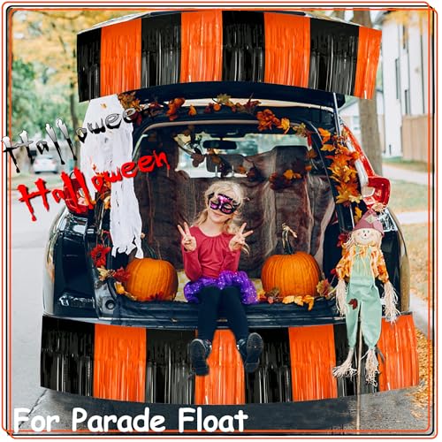 Image of 4 Pack 39 Feet Black Orange Halloween Parade Float Decorations for Trailer Car, Foil Fringe Tinsel Streamers Banner Garland for Halloween Graduation Homecoming Party Decoration (Black Orange)