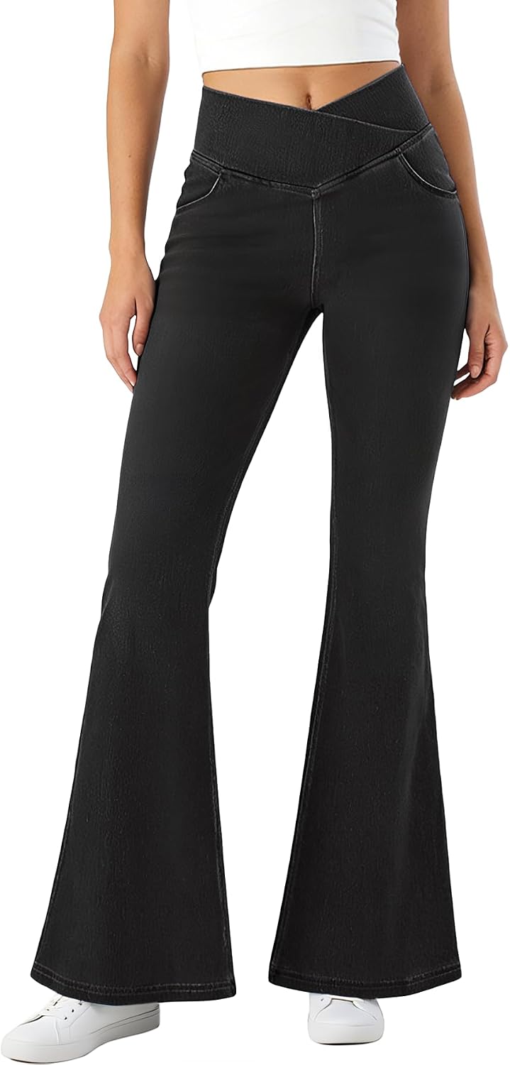 MONCCIZA Bell Bottom Jeans for Women High Waisted Stretchy Flare Jeans Pull On Crossover Wide Leg Flared Pants with Pockets