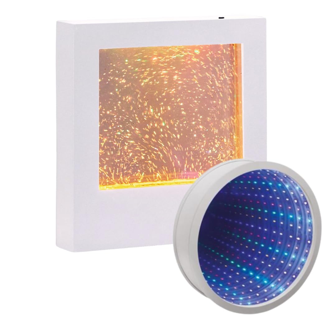 Playlearn Sensory Light 22cm Glitter Filled Square Light Rechargeable LED - 23cm 3D Infinity Mirror Tunnel Sensory Lights Calming Visual Effect LED Night Light for Kids Office,Living Room & Bedroom